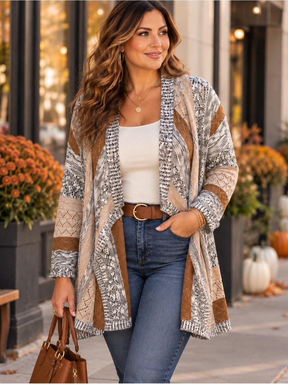 Absolutely Famous 3X Boho Open Front Cardigan Duster Colorblock Knit Plus